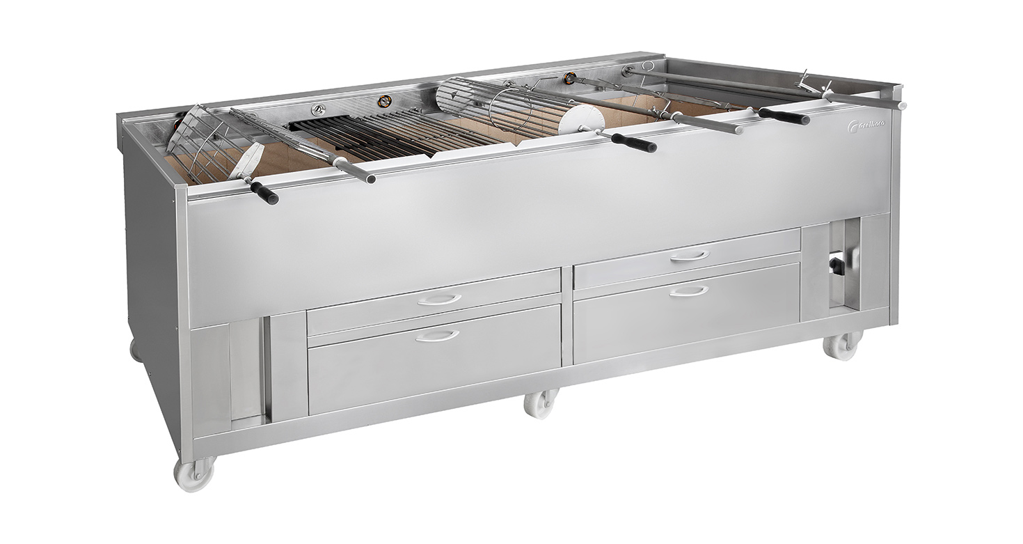 Barbecue portugais 8 broches 24 poulets GRELHACO sur CHR Barbecue portugais professionnel avec grilles rotatives