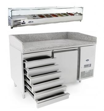 Meuble à pizza 1 porte et 7 tiroirs à pâtons avec vitrine à capot inox ATOSA Meuble à pizza 1 porte et 7 tiroirs à pâtons avec vitrine à capot inox ATOSA