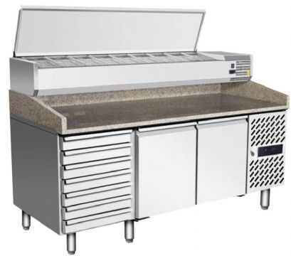 Meuble à pizza 2 portes et 7 tiroirs à pâtons avec vitrine à capot inox ATOSA Meuble à pizza 2 portes et 7 tiroirs à pâtons avec vitrine à capot inox ATOSA