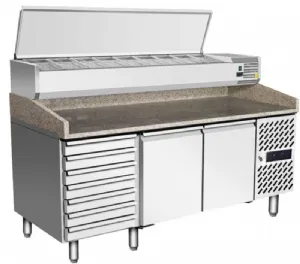 Table pizza 2 portes et 7 tiroirs � p�tons avec vitrine � capot inox ATOSA EPF3480GR +ESL3889GR-V