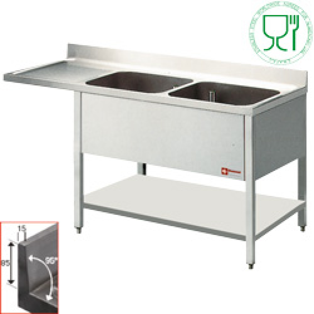 Plonge lave-vaisselle inox 2 bacs - 1600 x 600 mm égouttoir gauche /  GOLDINOX