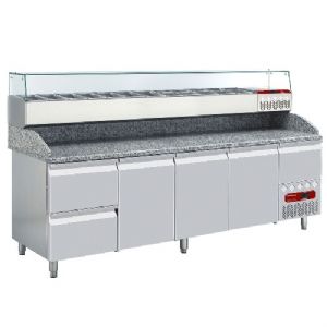 Table pizza 3 portes avec vitrine et 2 tiroirs neutres DIAMOND TP361/R2_SY249G/PR2