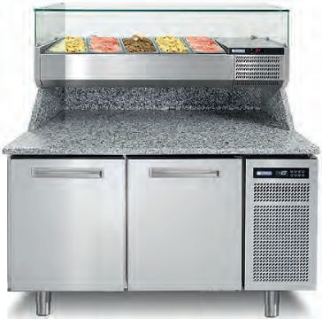 Table pizza 2 portes avec granit et vitrine  ingrdients AFINOX