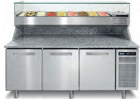 Table pizza 3 portes avec granit et vitrine  ingrdients AFINOX
