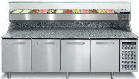 Table pizza 4 portes avec granit et vitrine  ingrdients AFINOX