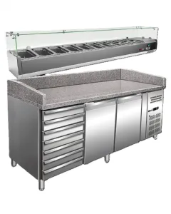 Table � pizza 2 portes et 7 tiroirs avec marbre et kit r�frig�r� REDFOX MTP 2D7ZN + MCH 4200