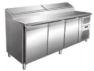 Table rfrigre de prparation pizza 3 portes avec vitrine  capot inox